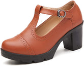 Square Toe Brown Leather Classic T-Strap Dress Pump Shoes